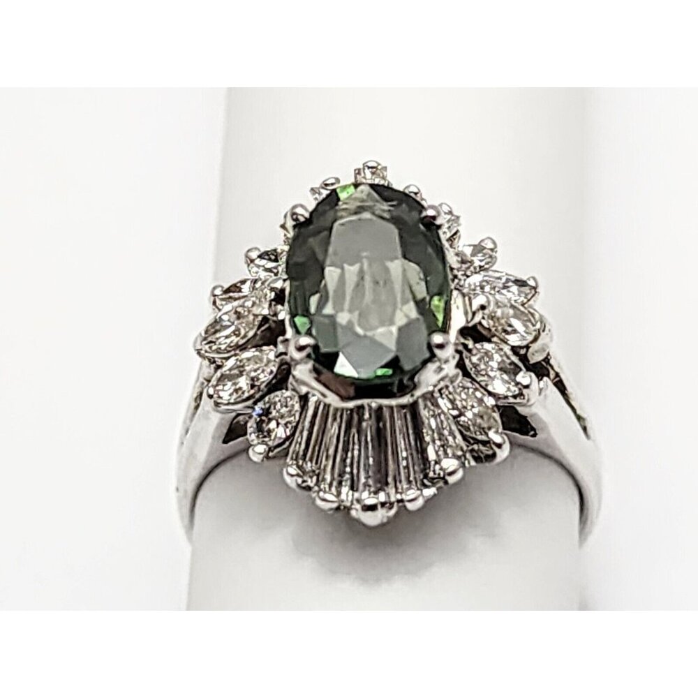 Unique 14K Karat Solid White Gold Oval Green Sapphire & Diamond Ring - Size 5.50